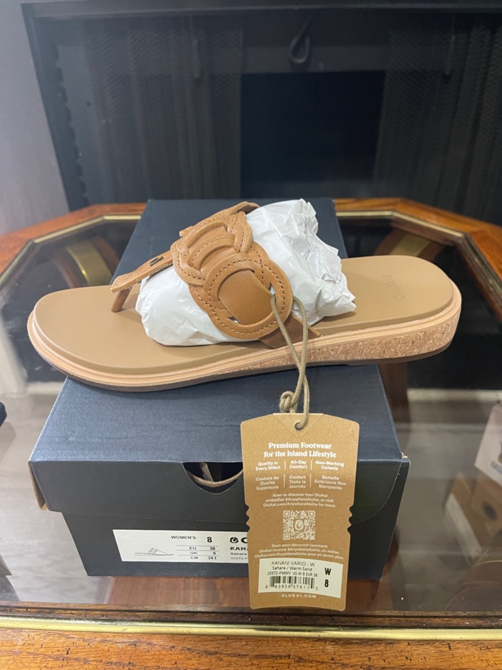 OluKai Tan Women's Leather Slide Sandal with Decorative Rings
